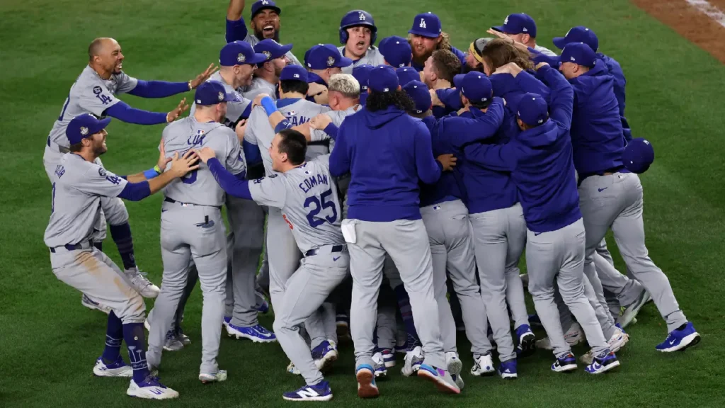 Los Angeles Dodgers celebrating their 2024 World Series victory.