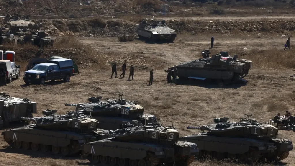 Israeli artillery firing into Lebanon.