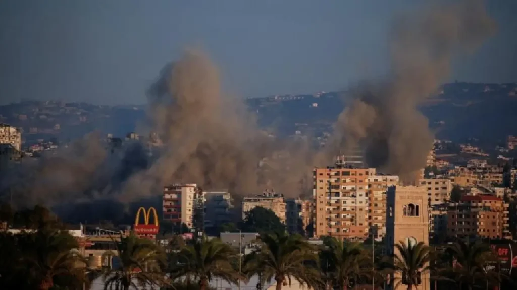 Smoke rising from Israeli airstrikes in Baalbek, Lebanon