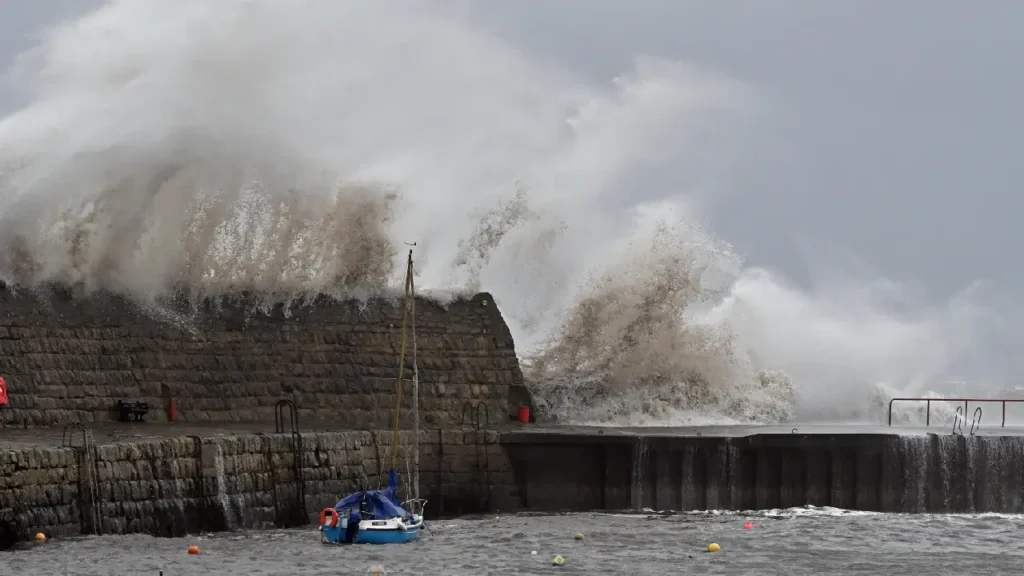 High winds battering the Scottish coastline during a storm