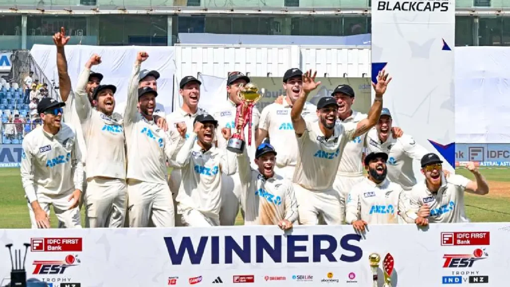 New Zealand team celebrates historic series win over India in Mumbai