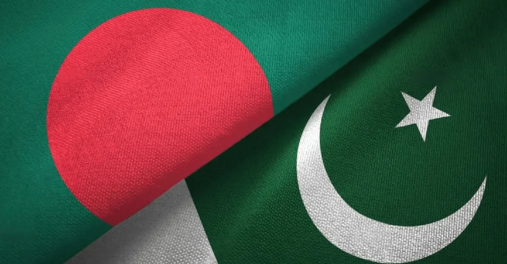 Bangladesh and Pakistan Flags: Flags of Bangladesh and Pakistan representing renewed diplomatic ties. Cargo Ship at Port: A cargo ship docked at Chittagong port, marking resumed shipping links with Karachi.