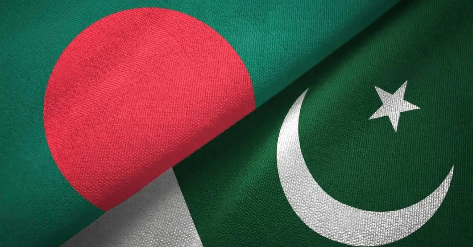 Bangladesh and Pakistan Flags: Flags of Bangladesh and Pakistan representing renewed diplomatic ties. Cargo Ship at Port: A cargo ship docked at Chittagong port, marking resumed shipping links with Karachi.