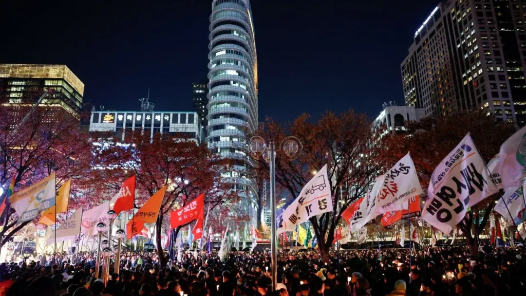 "Protesters rallying against martial law in Seoul, South Korea."