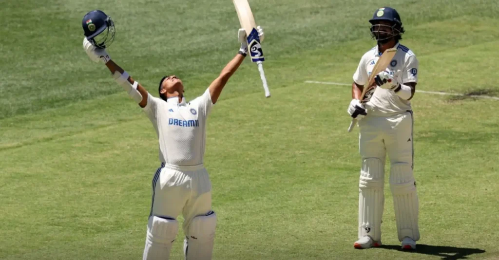 Yashasvi Jaiswal celebrates his century in the Perth Test.