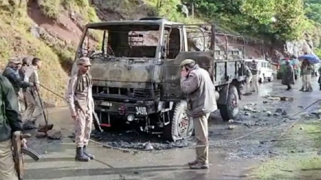 "Army vehicle overturned in Poonch, Jammu and Kashmir, January 2025." "Rescue operation after a road accident in Poonch district." "Indian Army soldiers patrolling in Jammu and Kashmir region."