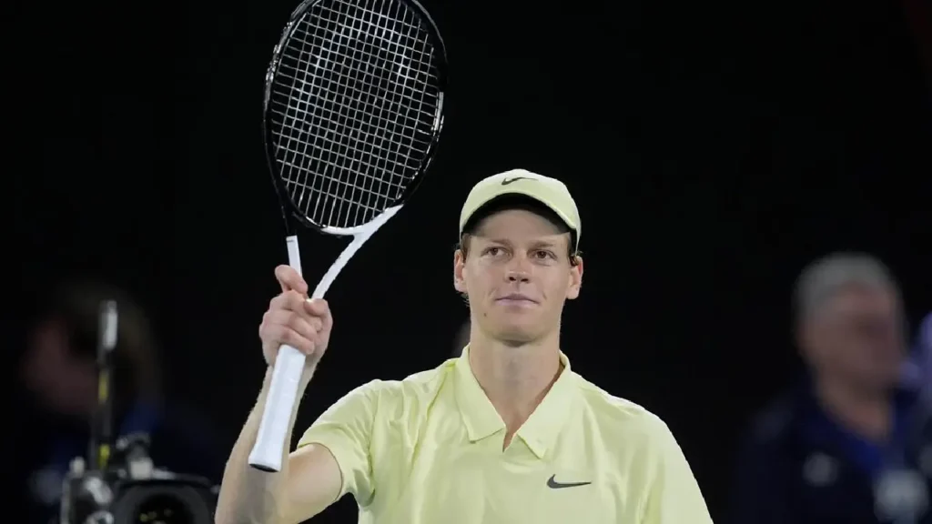 Jannik Sinner celebrates winning the Australian Open 2025 title. Alexander Zverev reacts during the Australian Open final match. Sinner hitting a forehand during the Australian Open 2025 final.