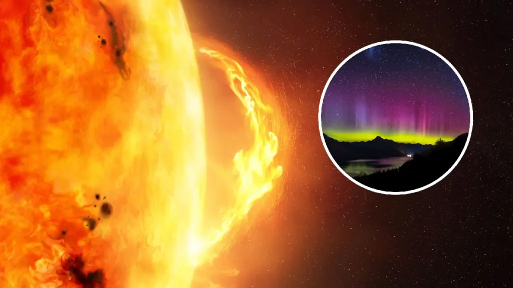 "Visualization of a solar wind stream hitting Earth's magnetosphere" "Auroral displays caused by geomagnetic storms at high latitudes" "NOAA's forecast showing solar activity and coronal hole effects"