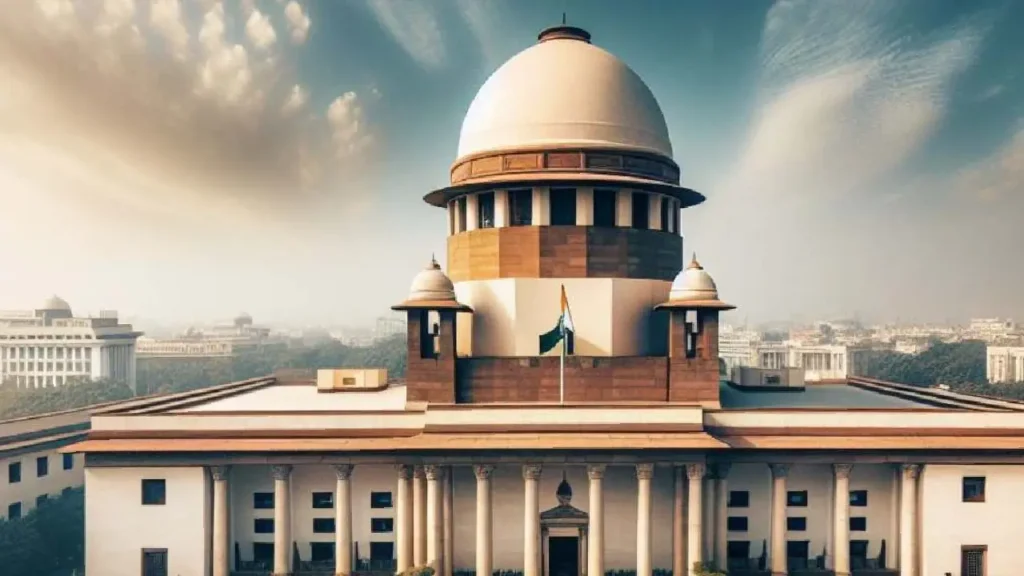 Supreme Court building in New Delhi. Judges delivering a landmark aviation-related verdict. BJP MPs Nishikant Dubey and Manoj Tiwari in a legal case. Deoghar Air Traffic Control and airport operations.