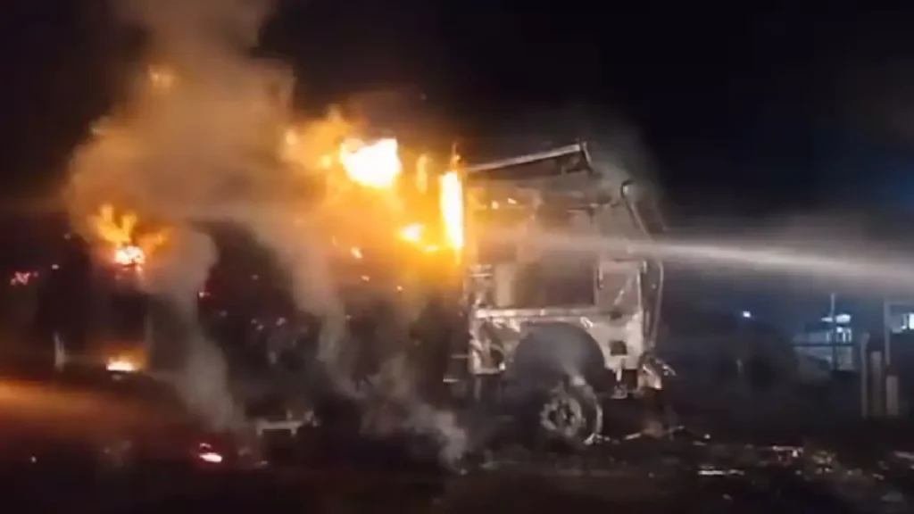 truck fire, high-tension wire, Gujarat fire, burning chillies, Gondal accident, truck accident Gujarat, fire brigade Gujarat, truck damage